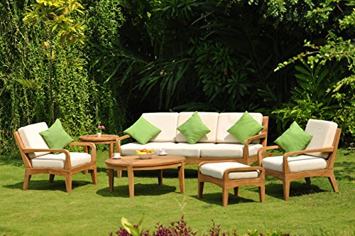 Noida 6 Piece Teak Lounge Sofa Set - 3 Seater Sofa, 2 Lounge Chairs, 1 Ottoman, 1 Round Coffee Table and 1 Round End Table - Furniture only - Noida Collection #TSSSNO2