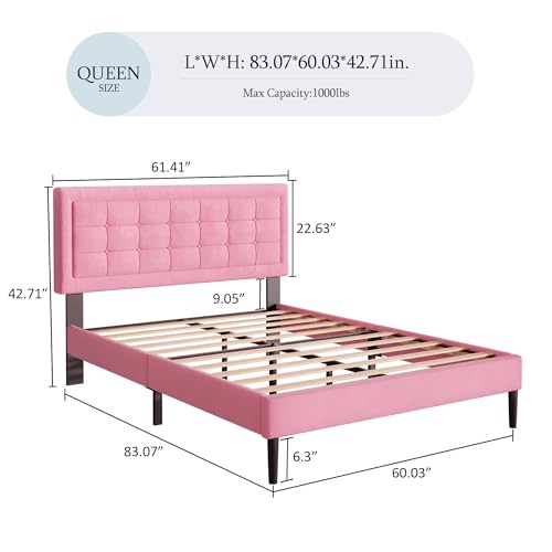 UNIZONE Queen Bed Frame, Upholstered Platform Bed with Button Tufted Headboard, Wood Slats Support, Mattress Foundation, No Box Spring Needed, Easy Assembly, Light Grey