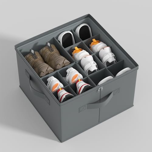 Shoe Organizer for Closet - Fabric Shoe Organizer with Clear Cover, Adjustable Dividers for Shoe Storage, 1-Pack, Space-Saving Shoe Organizer Closet Fits up to 16 Pairs (Gray)