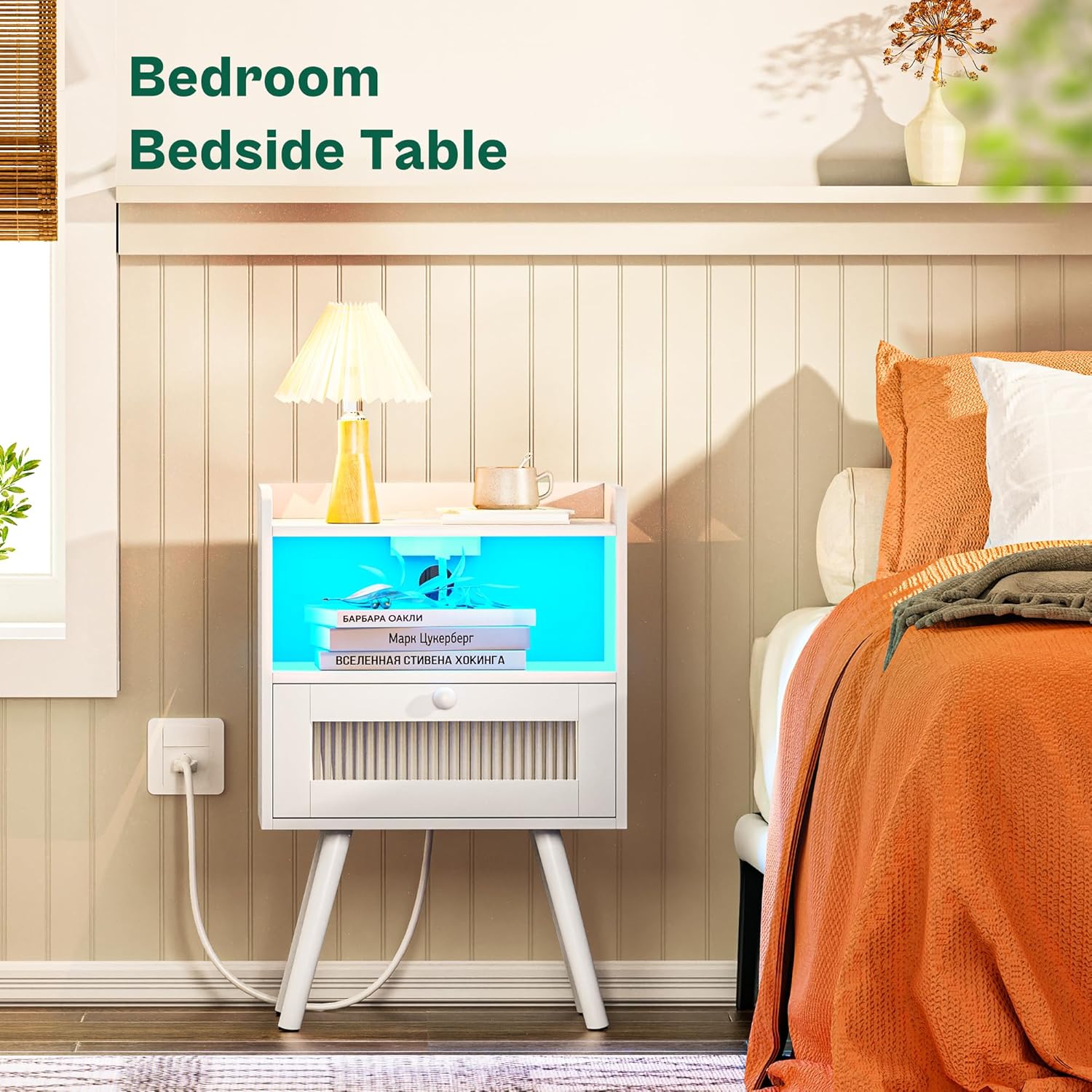 Night Stand Set of 2, Nightstand with Charging Station and LED Light Strips and Drawer, Buffet Cabinet with Storage, Storage Cabinet with 2 Doors, White and Black