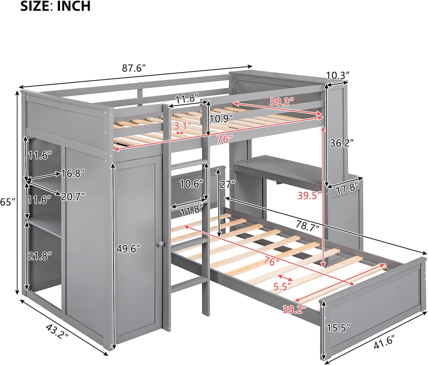 Twin Over Twin Bunk Bed with Desk and Storage Wardrobe, Solid Wood L-Shaped BunkBed with Drawer & Bookshelves & Shelves, Study Loftbed w/a Stand-Alone Bedframe, for 2 Kids Teens Bedroom, Gray