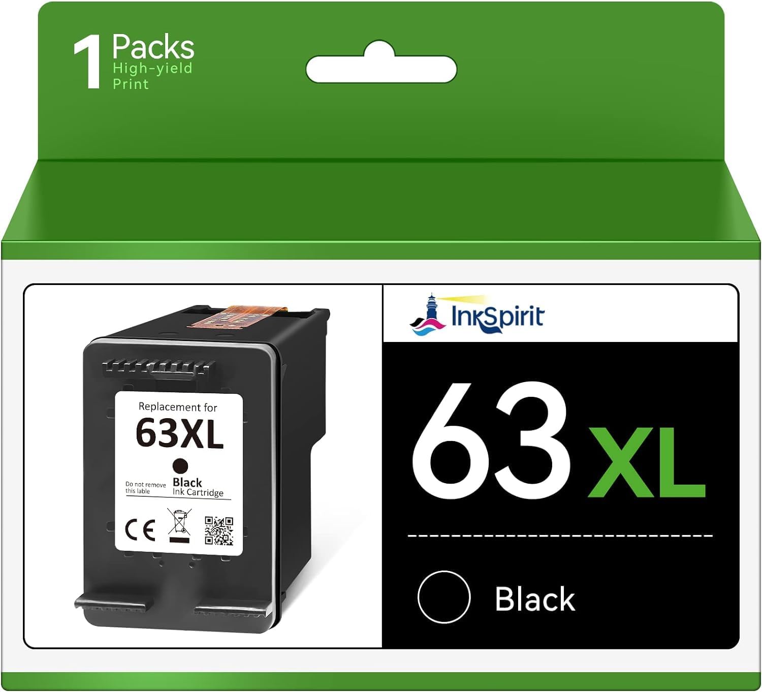 InkSpirit Remanufactured 63 XLarge Black Ink Cartridge Replacement for HP 63XL for Envy 4520 3634 OfficeJet 3830 5252 4650 5258 4655 4652 5255 DeskJet 3636 1111 3630 1112 3637 3632 Printer (1-Pack)