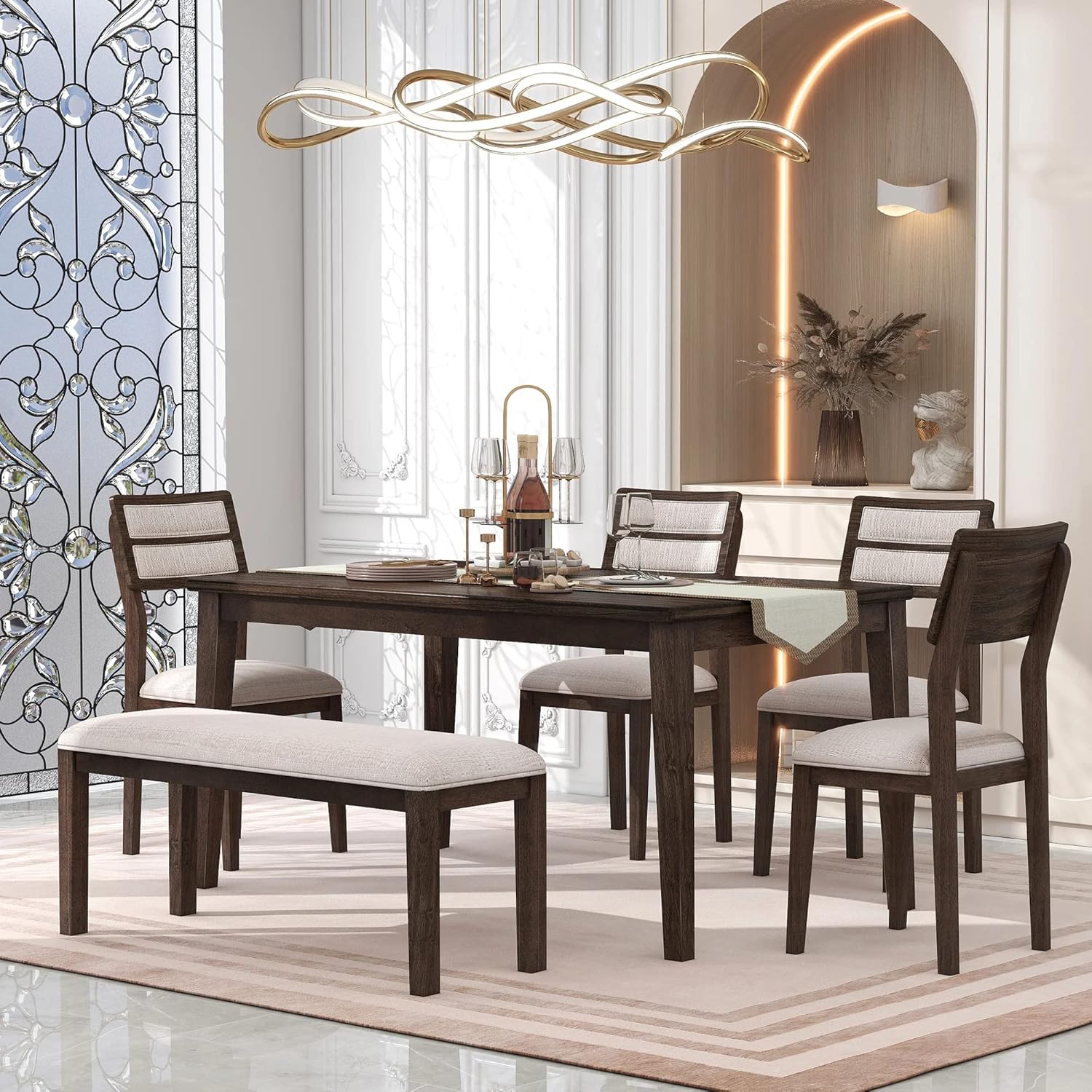 TREXM Classic and Traditional Style 6 - Piece Dining Set, Includes Dining Table, 4 Upholstered Chairs & Bench (Espresso)