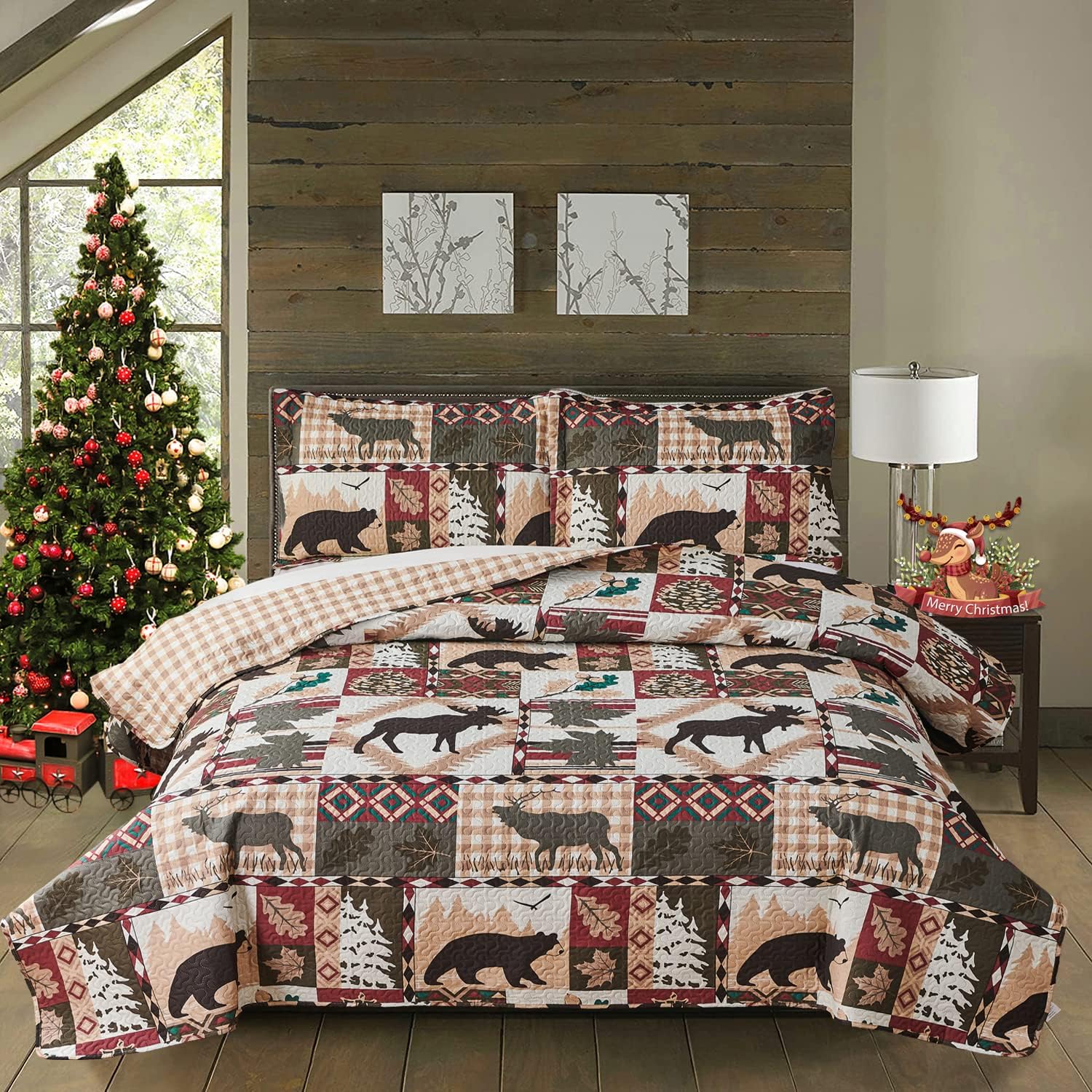 3 Piece Rustic Quilts Set King Size Bedspreads, Lightweight Lodge Quilt Bedding Sets Comforter with 2 Pillow Shams Patchwork Bear Themed Coverlet for All Season