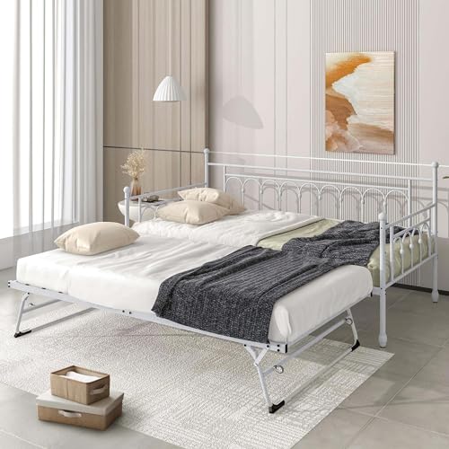 Metal Twin Daybed with Trundle, Stylish Day Bed with Trundle Bed Twin, Versatile Daybeds and Fold-Up Trundle Set for Guest Room, Home Office Twin Trundle Bed Frame,White