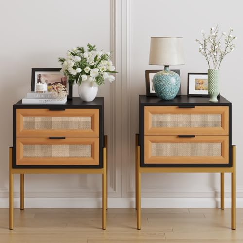 Vabches Natural Rattan Nightstand Set of 2, Boho Accent End Table with 2 Drawers, Black Wood Side Table with Metal Legs for Living Room, Bedroom