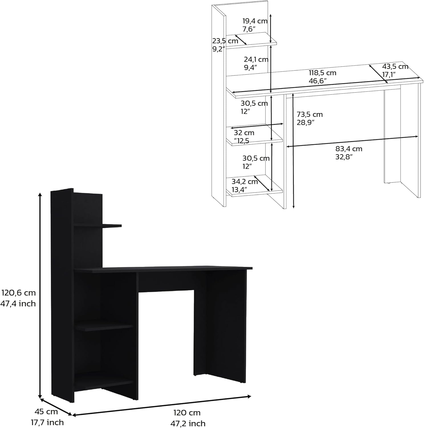DEPOT E-SHOP Toronto 120 Black Writing Desk, 47 Inch Wide, Four Shelves, Modern Design