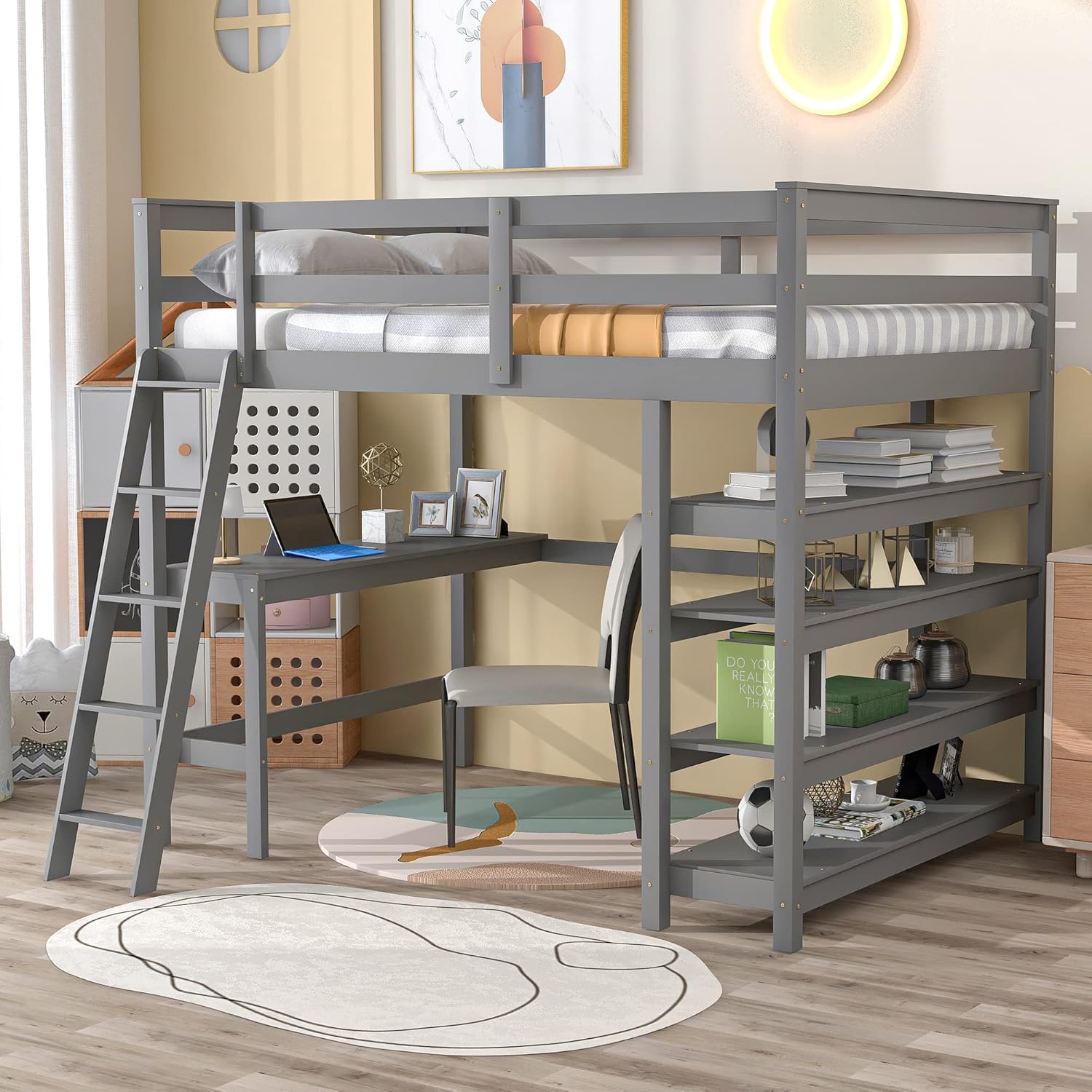 Loft Bed Full with desk,ladder,shelves, Grey