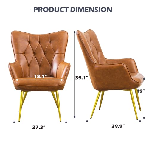 Simore Faux Leather Living Room Chair,Comfy Upholstered Accent Chairs Set of 2 with Golden Metal Legs and High Back,Modern Small Vanity Armchair for Bedroom/Home Office/Study,Light Brown