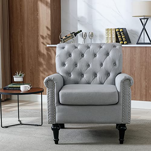 Accent Chair, Upholstered Button Tufted Armchair, Linen Fabric Sofa Chairs for Bedroom, Living Room, Mid-Century Modern Comfy Reading Chair (Light Gray)