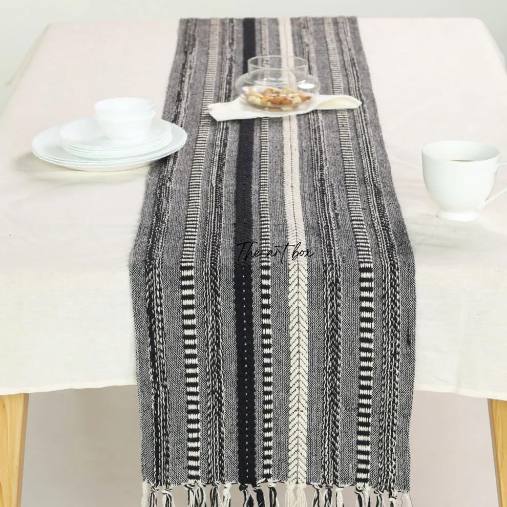 Boho Cotton Table Runner With Tassels Braided Stripe Farmhouse Rustic Runner for Table Decoration, Wedding and Holiday Party 14x72 Inches