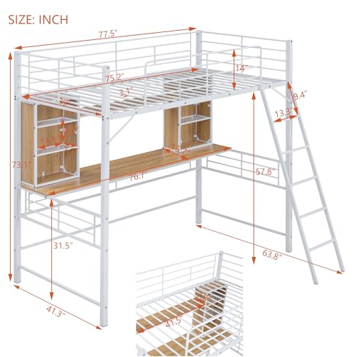 Harper & Bright Designs Twin Size Loft Bed with Desk and Storage Shelves, Metal Loft Bed Frame with Safety Guard & Ladder, No Noise, No Box Spring Needed, Black