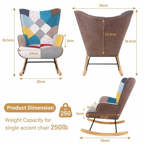 Nursery Rocking Chair,Upholstered Patchwork Linen Fabric Glider Rocker with High Backrest,Modern Rocking Accent Chairs,Rocker Accent Armchair with Solid Wood Legs for Nursery, Bedroom, Living Room