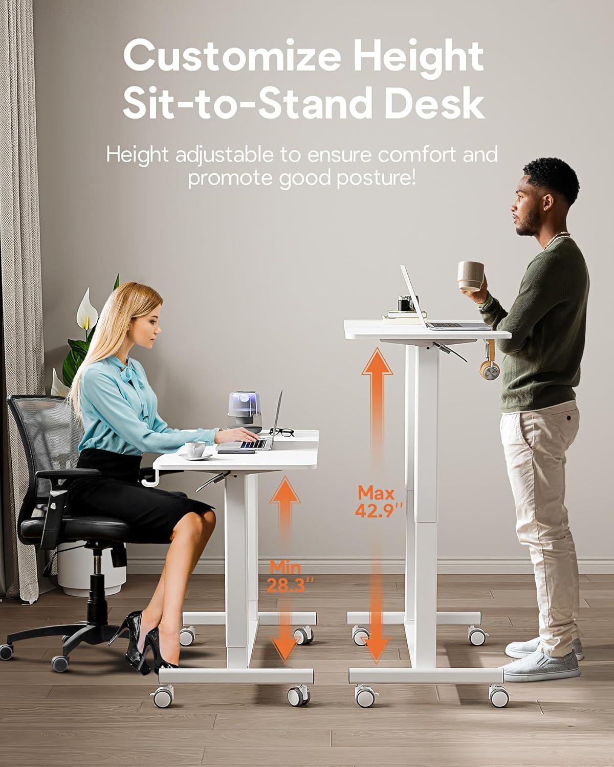 JOY worker Mobile Standing Desk with Single Monitor Mount, 35In Small Standing Desk with Curved Desktop, Pneumatic Height Adjustable Rolling Desk Holds Up to 33lbs, White Mobile Laptop Desk with Hook
