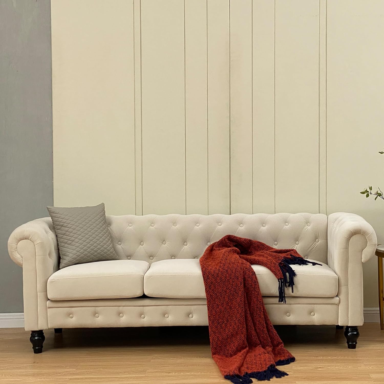 Sofa Couch 88-Inch 3-Seater with Rolling Armrests & Wooden Legs,Deep Button Tufting, Velvet Upholstery & High-Density Cushion,Beige