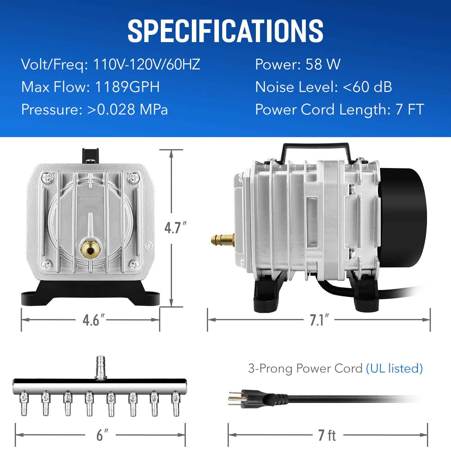 Simple Deluxe Commercial Air Pump LGPUMPAIR75 1189 GPH 58W 75L/min 8 Outlets with Airline Tubing 25 Feet for Aquarium - Pet Supplies online store
