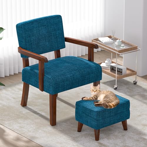 Accent Chairs with Adjustable Ottoman, Comfy Arm Footrest Set, Storage Footstool, Sofa Armchair with Footrest, Lazy Chair Set for Living Room/Bedroom/Reading Room, Beige