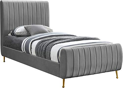 Meridian Furniture Zara Collection Modern | Contemporary Velvet Upholstered Bed with Deep Channel Tufting and Custom Gold Legs, Twin, Cream