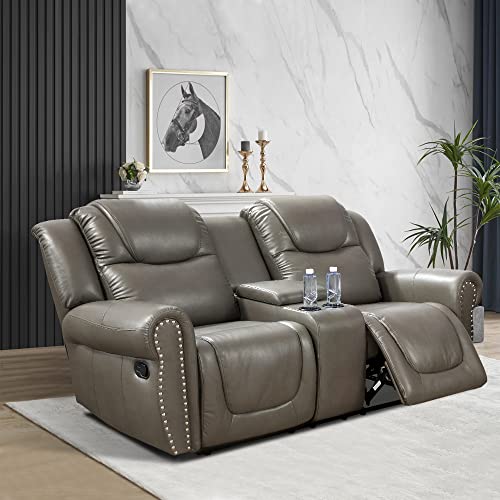 Leather Recliner Loveseat, Living Room Furniture, Manual Reclining Couch, 2-Seater Grey leather Sofa for Living Room/Apartment/Office
