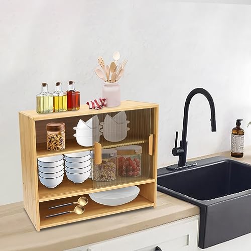 Small Bamboo Kitchen Pantry Sideboard Freestanding Countertop Storage Cabinet Multi Functional Display Storage Cabinet for Bottles Dish Bowl (Log-colored, 21.6*11*18.1in Sliding Striped Doors)