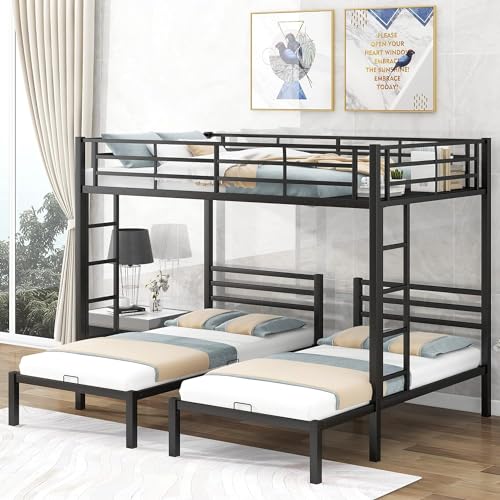 Twin-Over-Full Metal Bunk Bed,Heavy Duty Bunk Beds Frame w/Enhanced Upper-Level Guardrail and Ladders for Kids/Teen/Adults,Metal Floor Bunk Bed