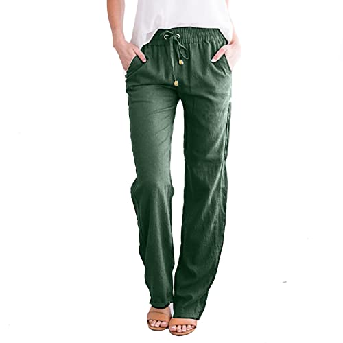 Womens Casual Cotton Linen Pants Lightweight Summer Relax Fit Elastic Waist Straight Leg Solid Lounge Long Trousers