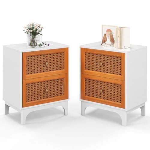 GOFLAME Rattan Nightstand Set of 2 with Drawer, Mid Century Modern End Table with Solid Wood Legs, Sofa Side Table with Storage, Small Bedside Table for Bedroom