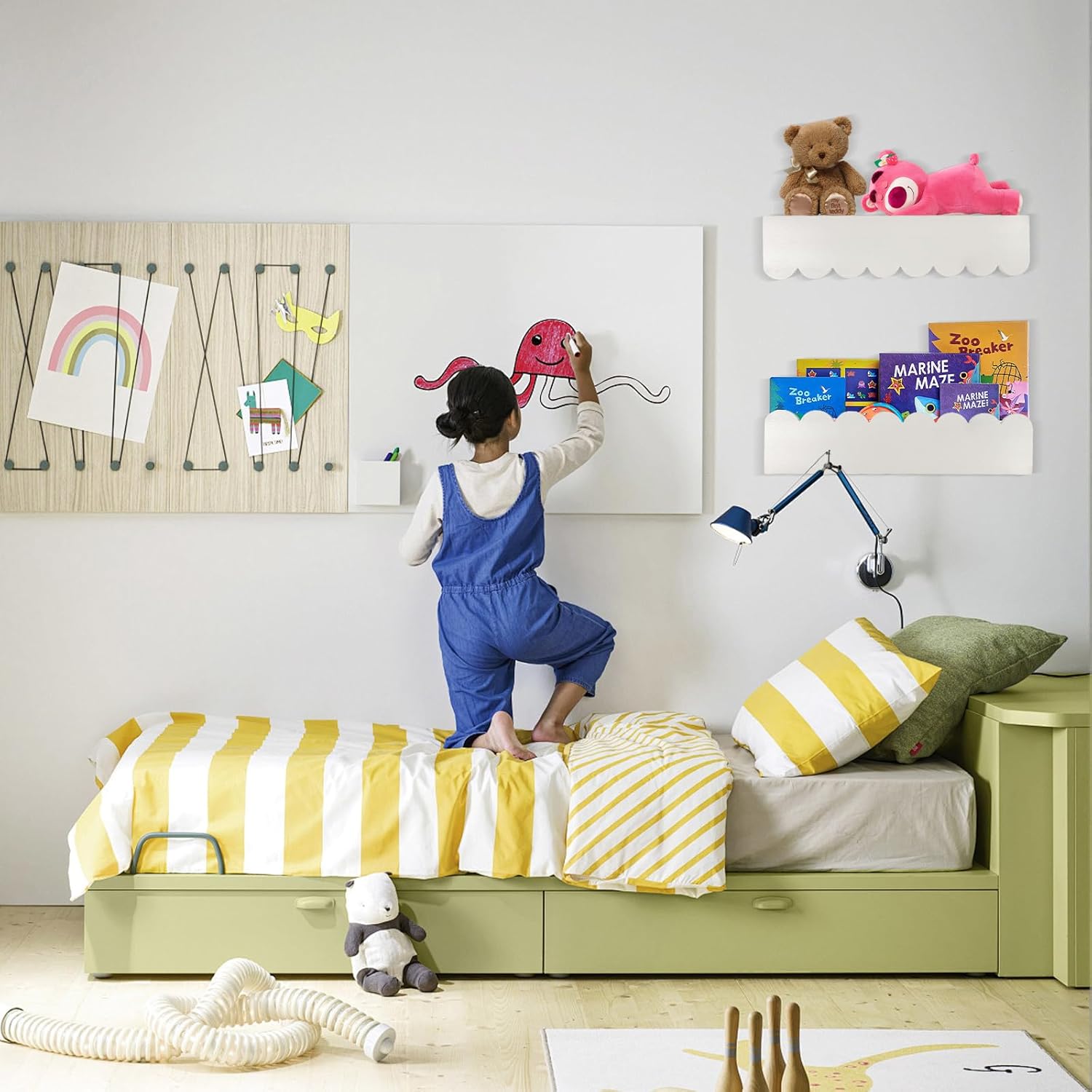 2 PCS Scalloped Shelves Kids Bookshelf Nursery Bookshelf Wooden Kids Bookshelf Kids Floating Shelves Scalloped Edges Bookshelf Montessori Bookshelf White Shelves for Kids Room（White）