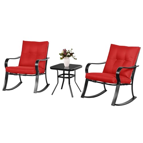 Outdoor Rocking Chairs Patio Furniture 3 Piece Patio Set Bistro Table Set Black Ironl with Thickened Cushions and Glass Coffee Table, Red
