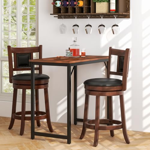 GOFLAME 25.5” Upholstered Bar Stools Set of 4, Swivel Counter Height Barstools with Curved Backrest & Footrest, Solid Rubber Wood Bar Stools for Kitchen Island, Bar Counter, Cafe, Dining Room