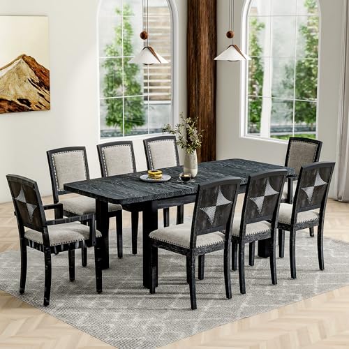Rustic Extendable 9 Pieces Dining Table Set with Removable Leaf, Wood Kitchen Table Set with 6 Upholstered Armless Dining Chairs and 2 Padded Arm Chairs for Living Room (Black+ Gray)