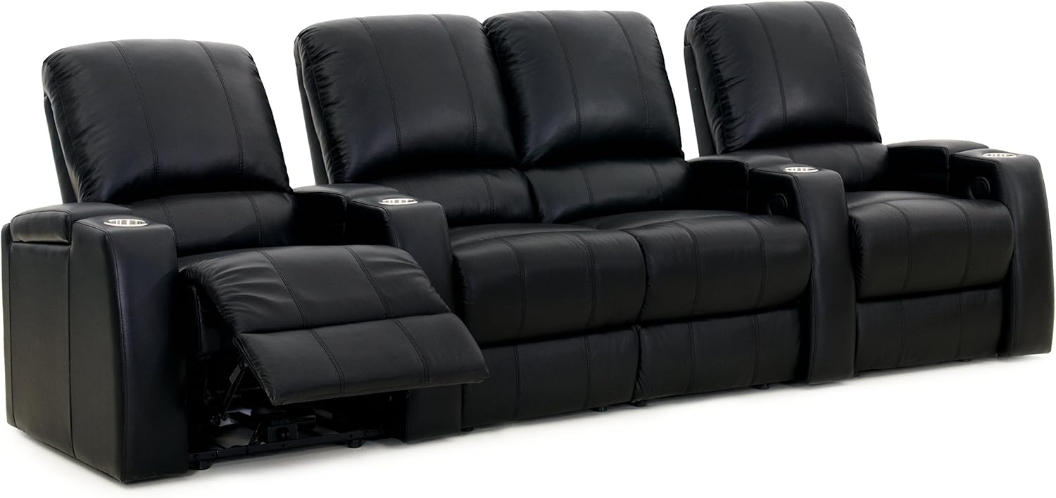 Octane Seating Storm XL850 Home Theater Sectional Sofa Black Leather - Power Recline - Straight Row 4 Chairs