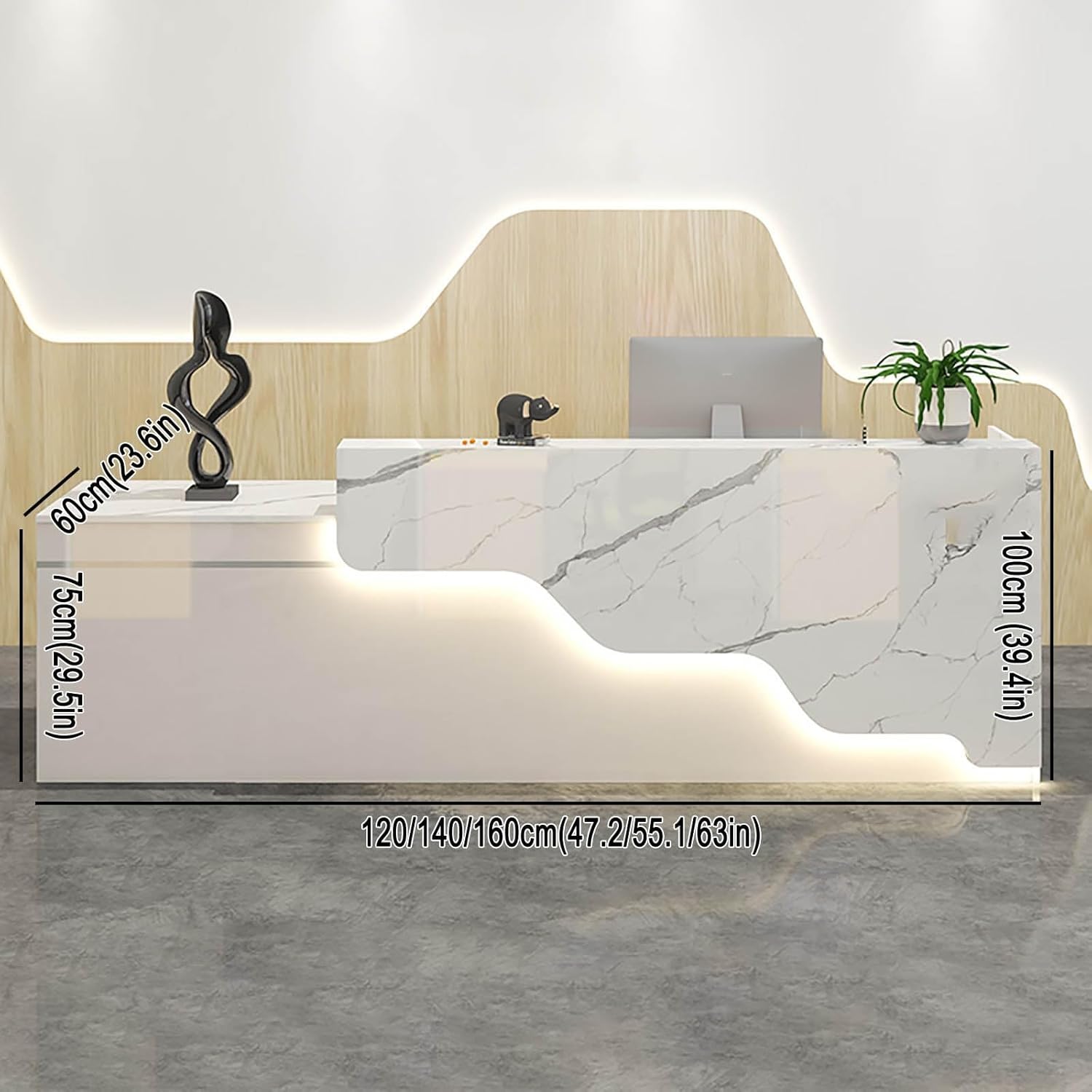Reception desk for beauty salon with LED lights， Front desk reception counter with counter，Standing modern wooden reception desk， L-Shaped cashier front desk，Suitable for various settings(D-2,120x60x1