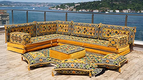 Yellow L Shaped Floor Couch, Sectional Sofa Set, Floor Pillow, Arabic Majlis, Moroccan Livingroom Cushion, 8