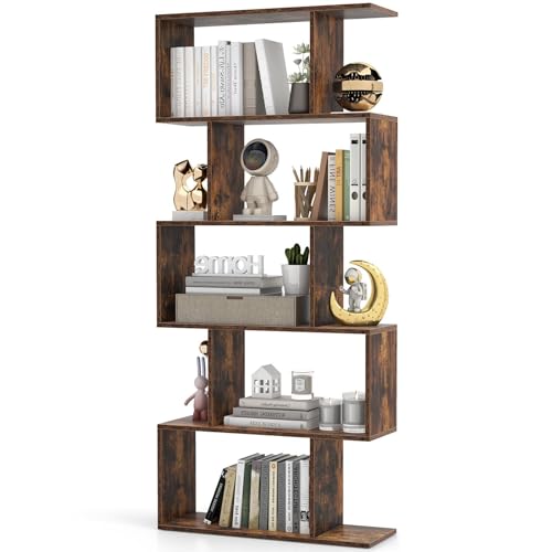 5 Tier Geometric Bookshelf, S-Shaped Open Bookcase with Anti-Toppling Device, Industrial Freestanding Display Rack, Home Storage Organizer Room Divider for Living Room, Bedroom