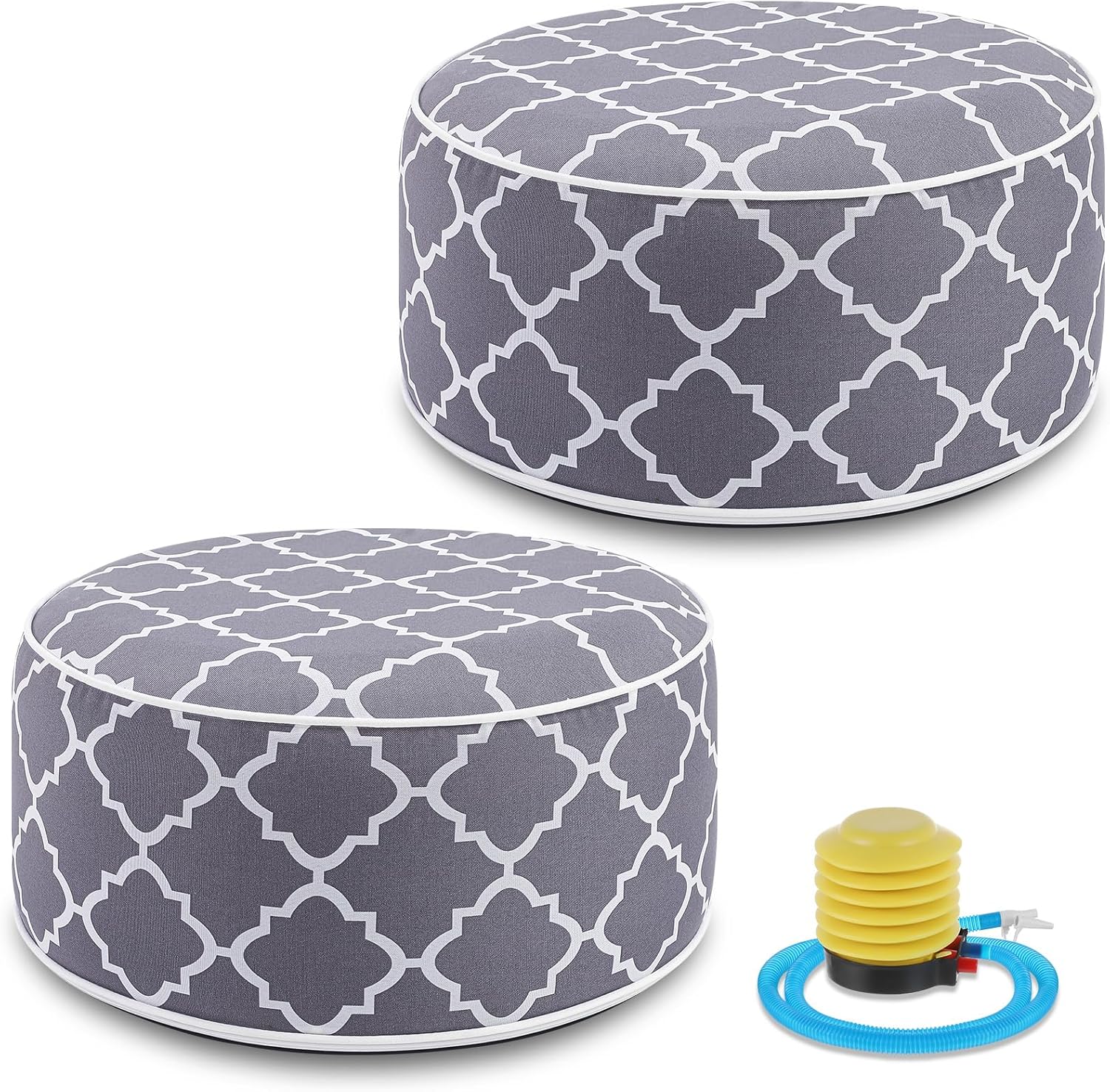 2 Pack Outdoor/Indoor Inflatable Ottoman, All Weather Round Pouf with Handle D21 x H9, Water Repellent Portable Footstool Pouf for Patio Garden Camping or Home