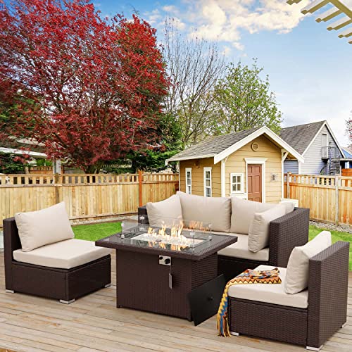 NICESOUL® High-Classed Extra Large Modern Patio Furnitures Outdoor Sectional Sofa Sets Steel Frame Approved Aluminum Propane Fire Pit Table 55000 BTU Espresso Color Porch Wicker Set
