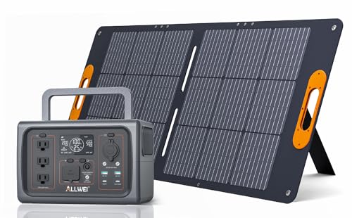 ALLWEI 500W LiFePO4 Solar Generator(Surge 1000W) with 100W Solar Panel, 512Wh Portable Power Station, UPS Function, 3 AC Outlets, Solar Power Generator for Outdoor RV Camping CPAP Backup Emergency