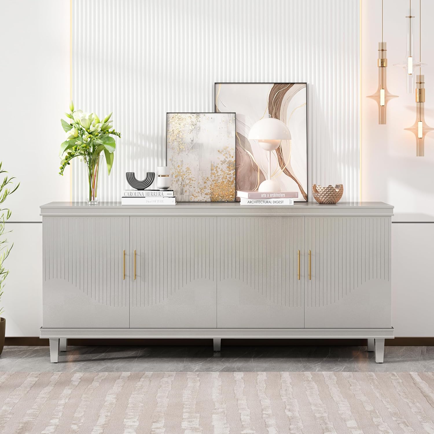 Modern 4 Doors Sideboard Buffet Cabinet, 70.07'' Freestanding Storage Floor Table Credenza, Accent Console Desk, Wooden Coffee Bar for Kitchen Dining Living Room Entryway Hallway(Champagne)