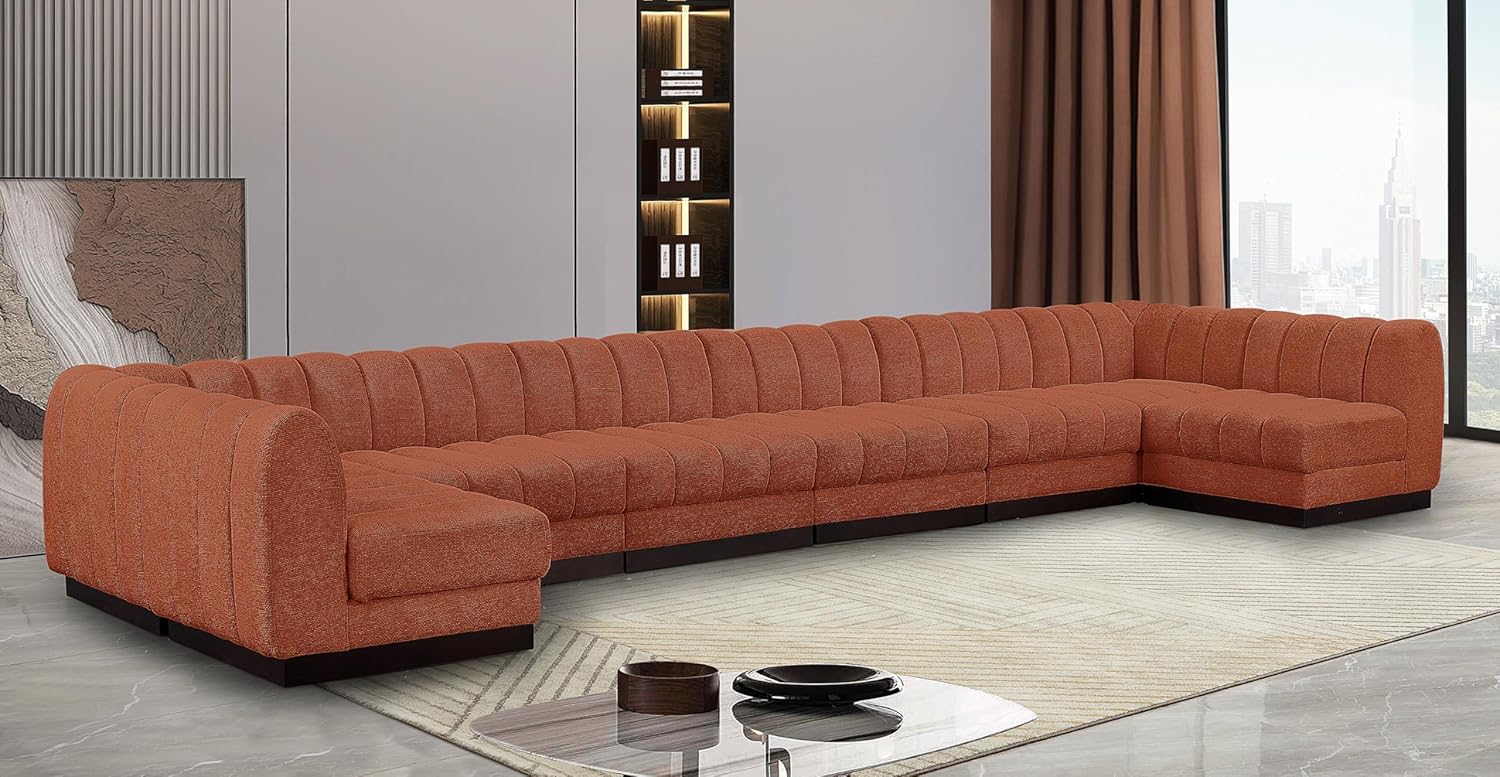 Meridian Furniture Quinn Collection Modern | Contemporary Modular Sectional with Soft Chenille Cross Hatched Fabric, Solid Wood Espresso Base, 197