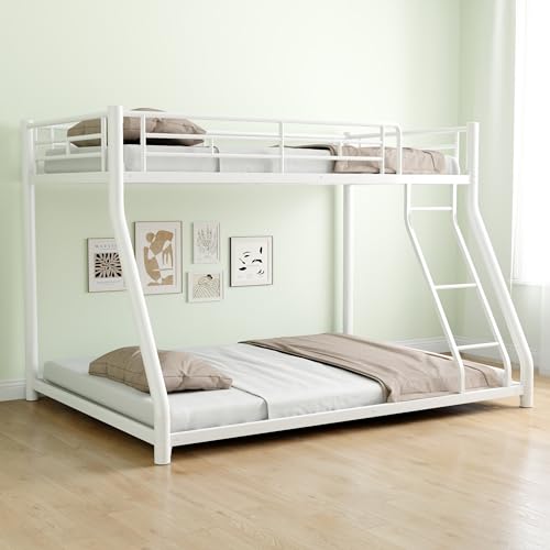 Majnesvon Metal Bunk Bed, Twin Over Full Size Beds with Angled Ladder, High Guardrail and Metal Slats, No Boxspring Required, Space-Saving/Noise-Free (Black)