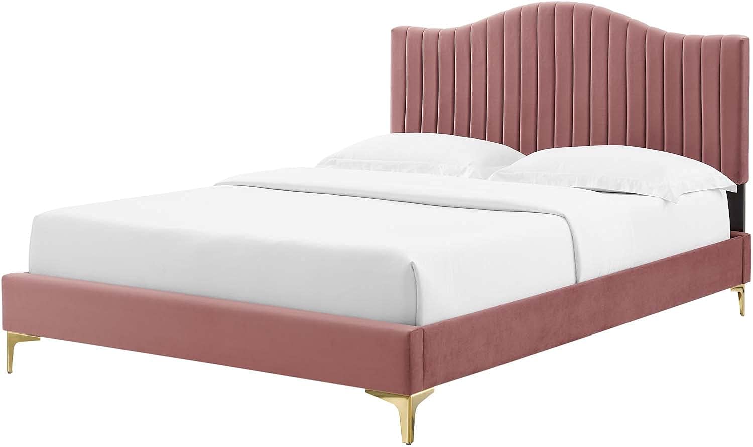 Tufted Platform Bed Frame, King Size, Velvet, Pink, Modern Contemporary, Bedroom Master Guest Suite