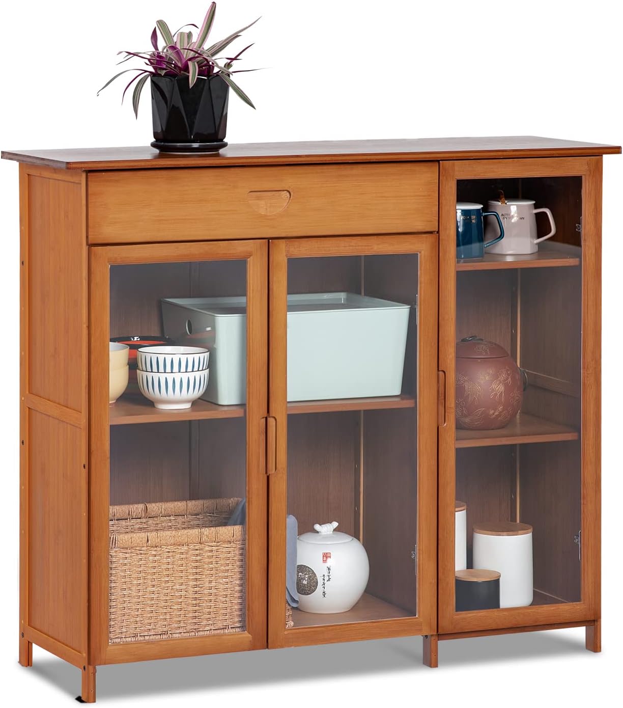 MoNiBloom 4 Tier Bamboo Sideboard Cupboard Kitchen Floor Standing Storage Cabinet with Acrylic Doors and a Drawer for Toaster Coffee Pot Small Appliances, Brown