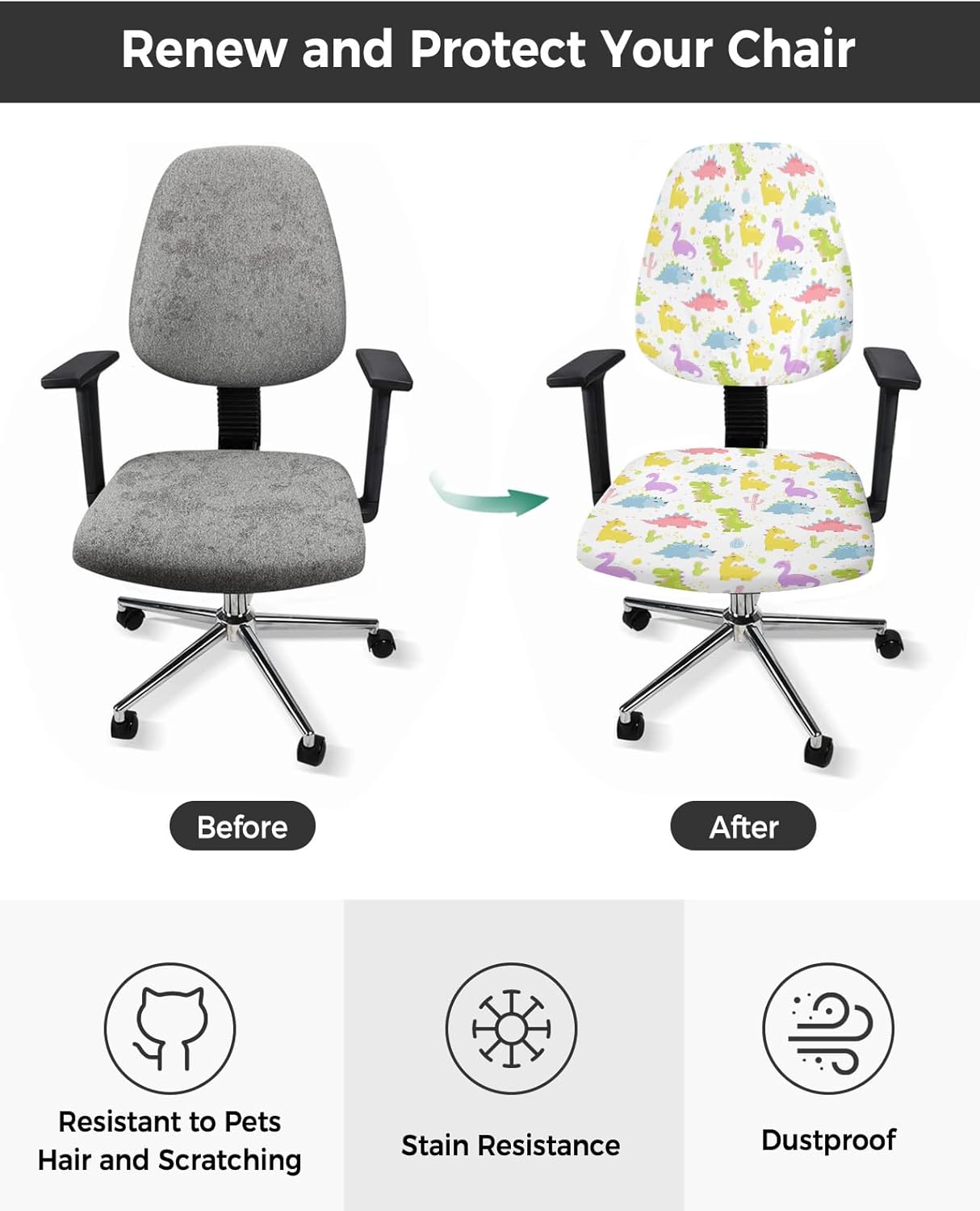 Office Chair Cover, Calorful Cartoon Dinosaur Cactus Children's Illustration,Computer Chair Covers Soft Stretchable Seat Cushion Protector for Office,Meeting Room, Set of 1