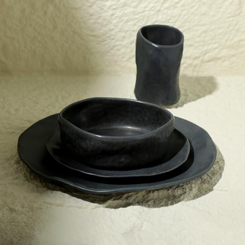 Atik Modern Stoneware 16-Piece Dinnerware Set, Plate and Bowl Set, Dish set for 4, Black