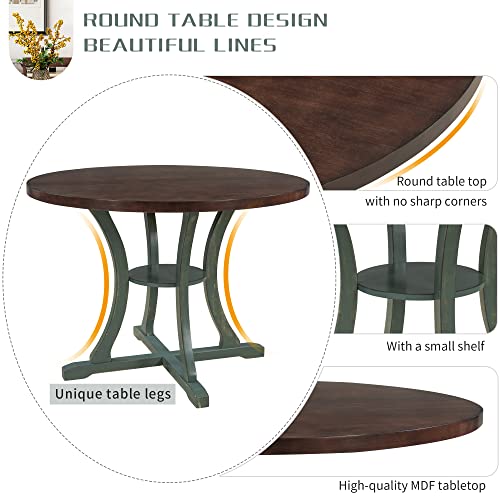 Retro Style 5-Piece Round Dining Table Set for 4 Extendable Table and 4 Elegantly Upholstered Chairs Dining Set for Kitchen Dining Room