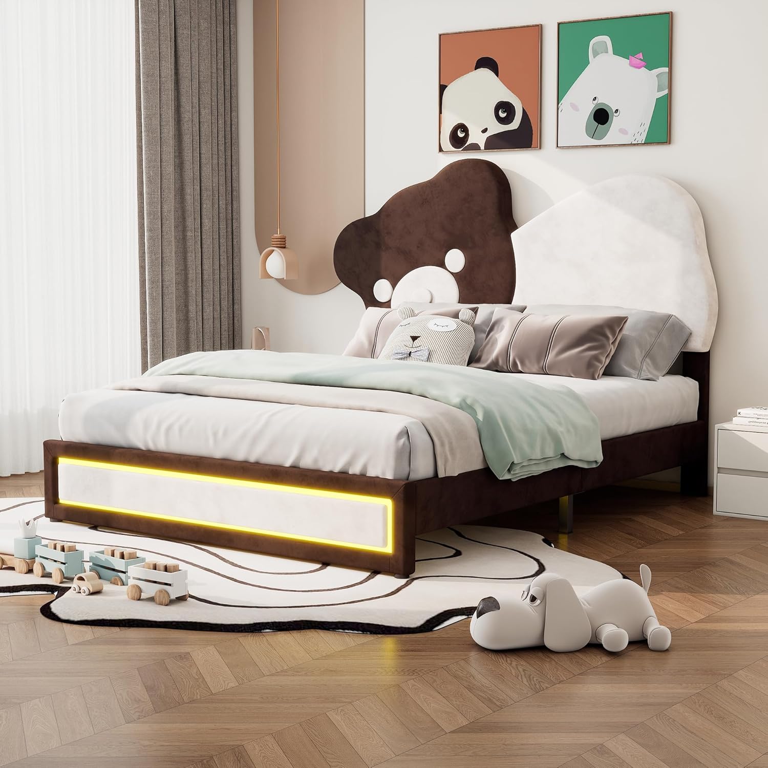 Kids Upholstered Platform Bed, Full Size Cute Platform Bed with Bear Shaped Headboard and LED Light Strips for Kids, Boys and Girls, Sturdy Full Bed Frame, No Box Spring Needed, White+Brown