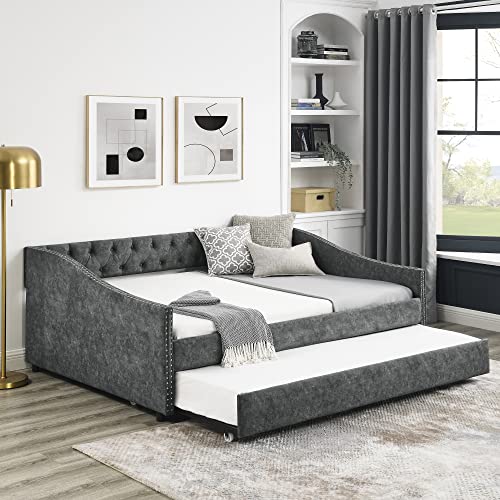 Upholstered Daybed with Trundle, Modern Button Tufted Fabric Full Size Daybed Frame Sofa Bed, No Box Spring Needed, Easy Assembly, Grey