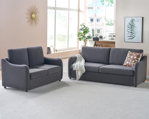 AMERLIFE Sofa, Modern Sofa with Smooth Curved Armrest, 3 Seater Sofa and Loveseat,2 Piece Couch Set, Deep Seat Couch Set for Living Room- Boucle White Couch