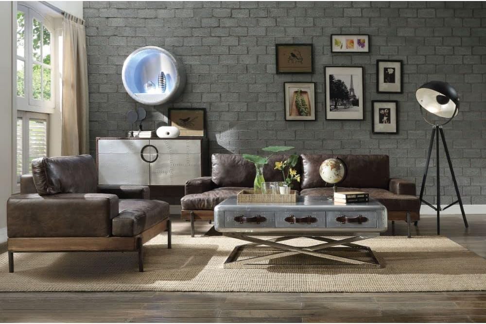 Acme Silchester Leather Sofa in Oak and Distress Chocolate